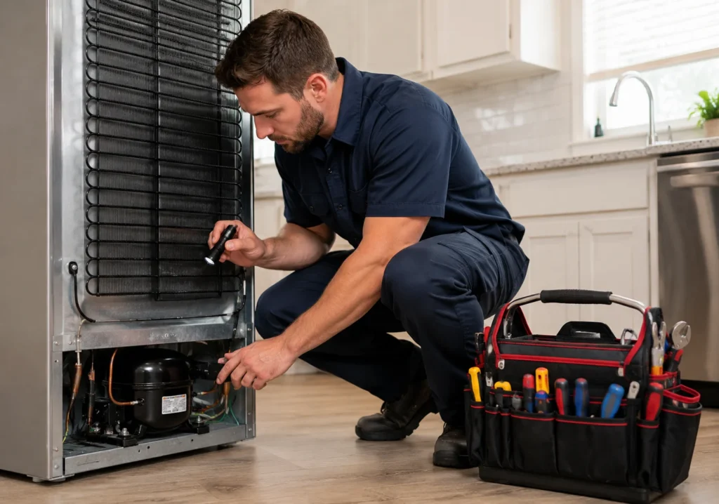 Refrigerator Not Cooling But Freezer Works? Here's Why 2 Professional refrigerator repair technician diagnosing cooling issue in Naperville